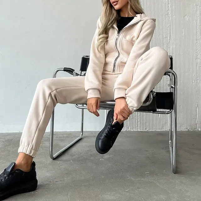 Women's Tracksuit Sweatsuit Pocket 2 Piece Solid Colored Hoodie and Pants Outfit Set Clothing Suit Fall Black White Jogging Training Exercise Thermal Warm Soft Moisture Wicking Long Sleeve Sport