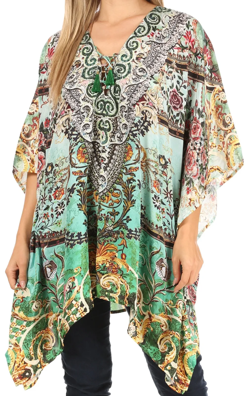 Women's Caftan Poncho Cover up V neck Top Lace up With Rhinestone