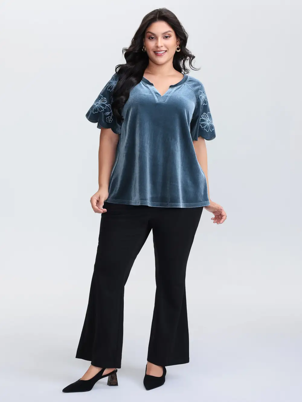 Velvet Embroidered Mesh Sleeve Stretchy Blouse