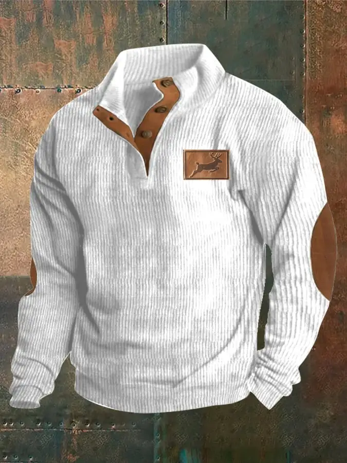 Corduroy Western Style Elk Print Stand Collar Button Down Men's Sweatshirt