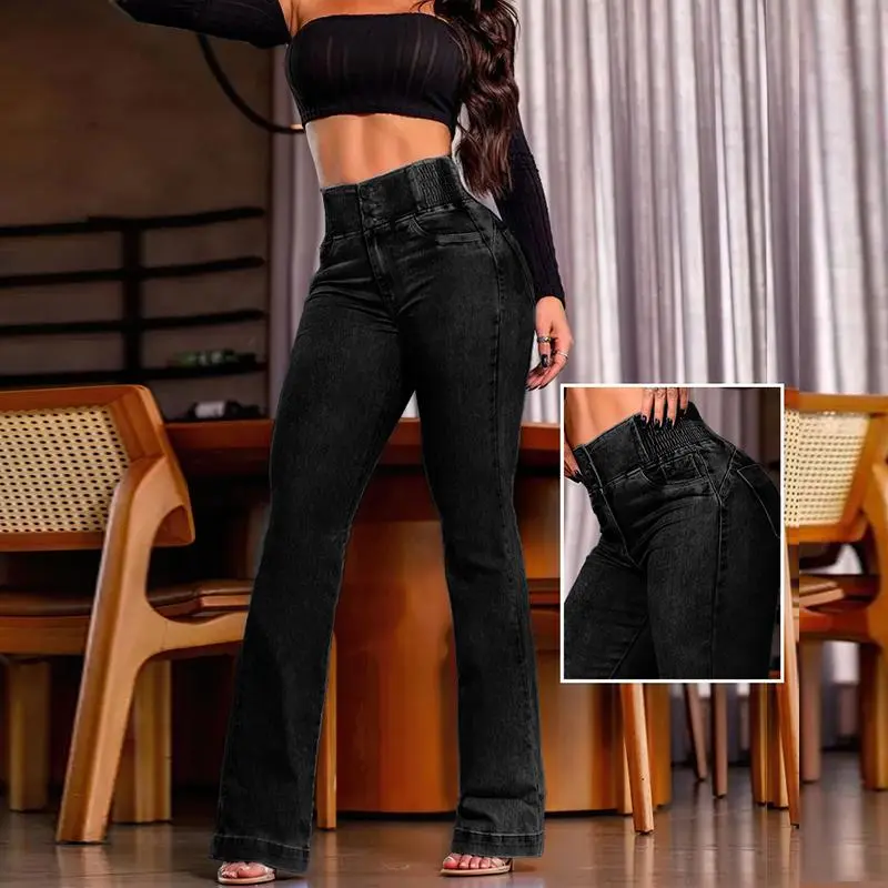 Women's Back Shirred Button Front Jeans High Waist Pants with Pockets