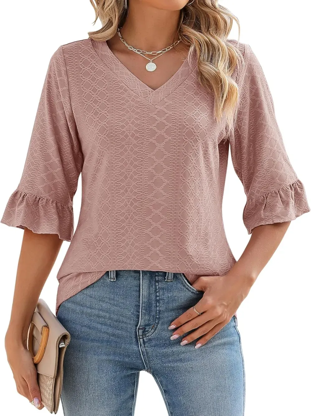 ✨Womens 3/4 Length Sleeve V-Neck Eyelet Casual Ruffle Sleeve Tunic Blouses