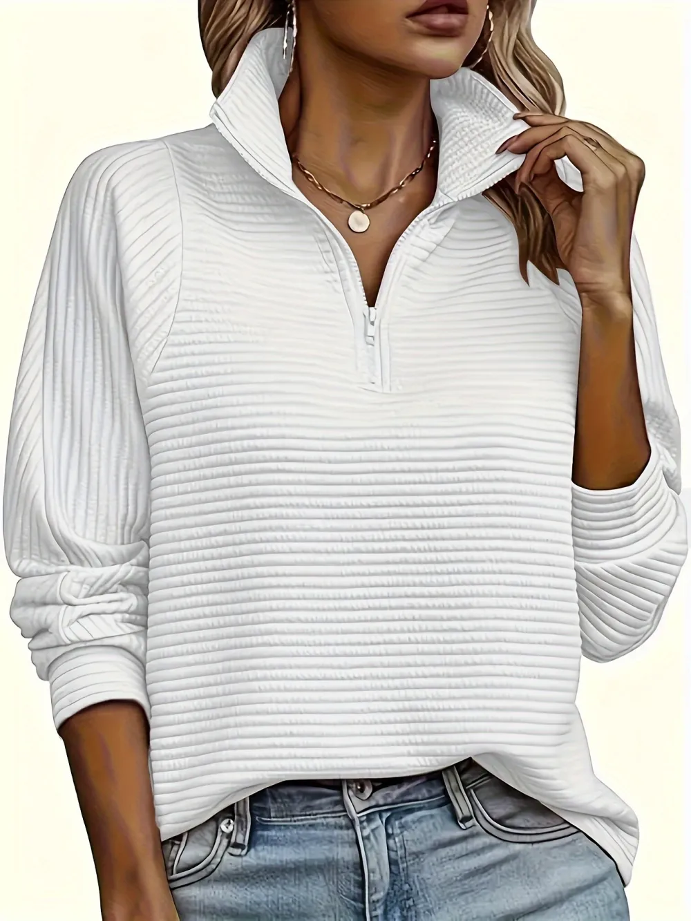 Long Sleeve Solid Color Funnel Neck Zipper Textured Sweatshirt - Soft Non-Stretch Polyester Fabric, Regular Fit, Half Placket, Casual Style for Spring and Fall