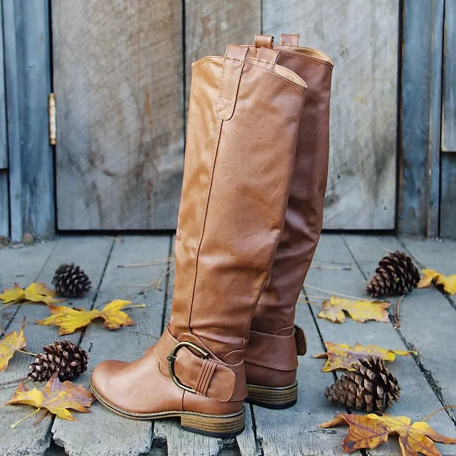 （Clearance Sale 👏）Women's Green Faux Leather Slouchy Western Boots with Buckle Detail - Knee-High Cowboy Style Boots for Casual and Boho Chic Outfits