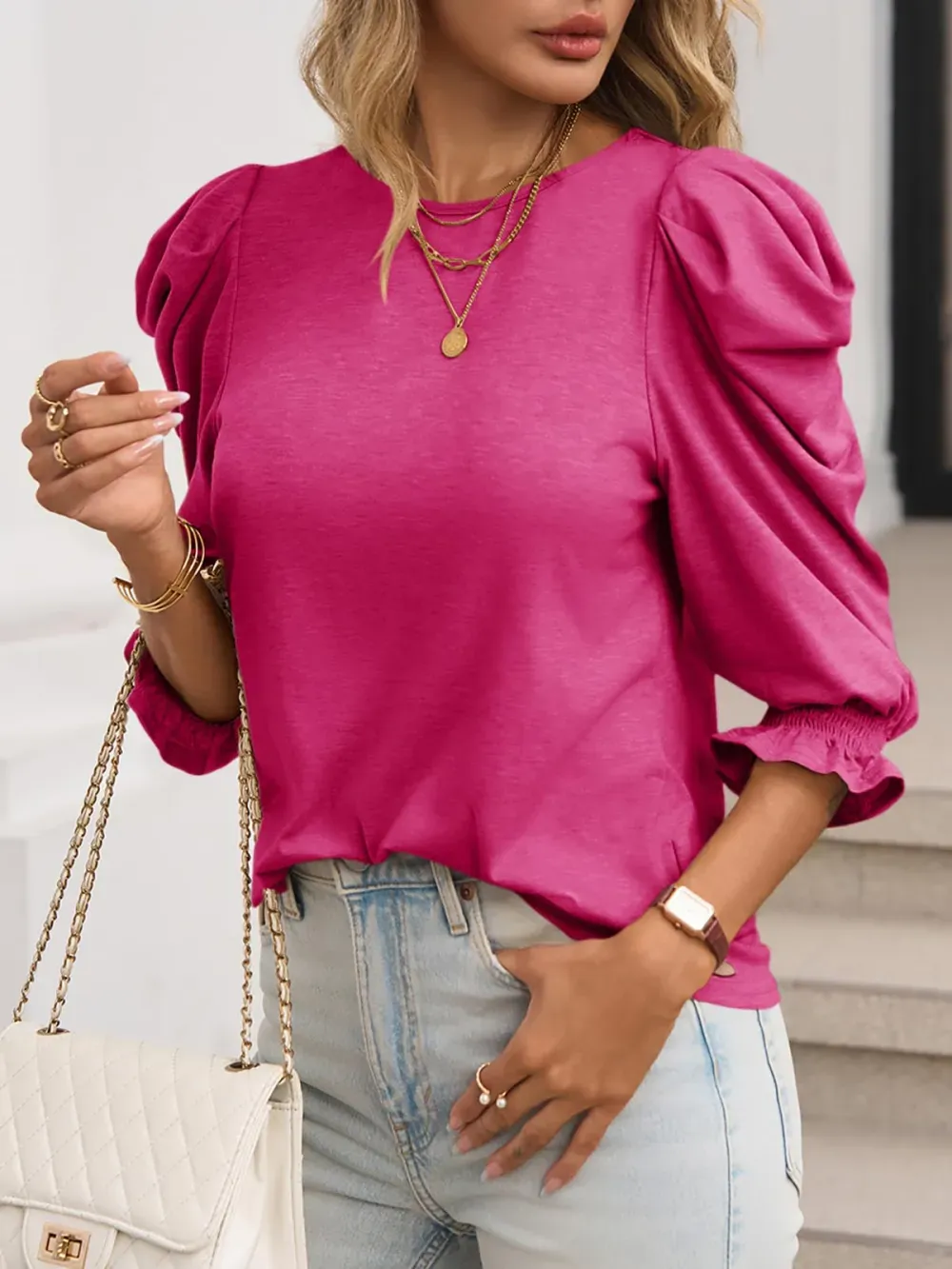 ✨Fall Womens 3/4 Length Puff Sleeve Tops Trendy T Shirts with Smocked Cuffs