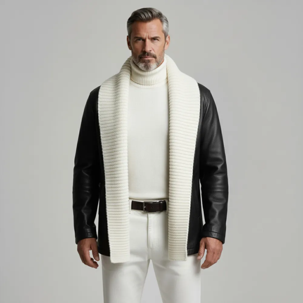 Men's Black Ribbed Knit Shawl Lapel Long Sleeve Pockets PU Leather Cardigan