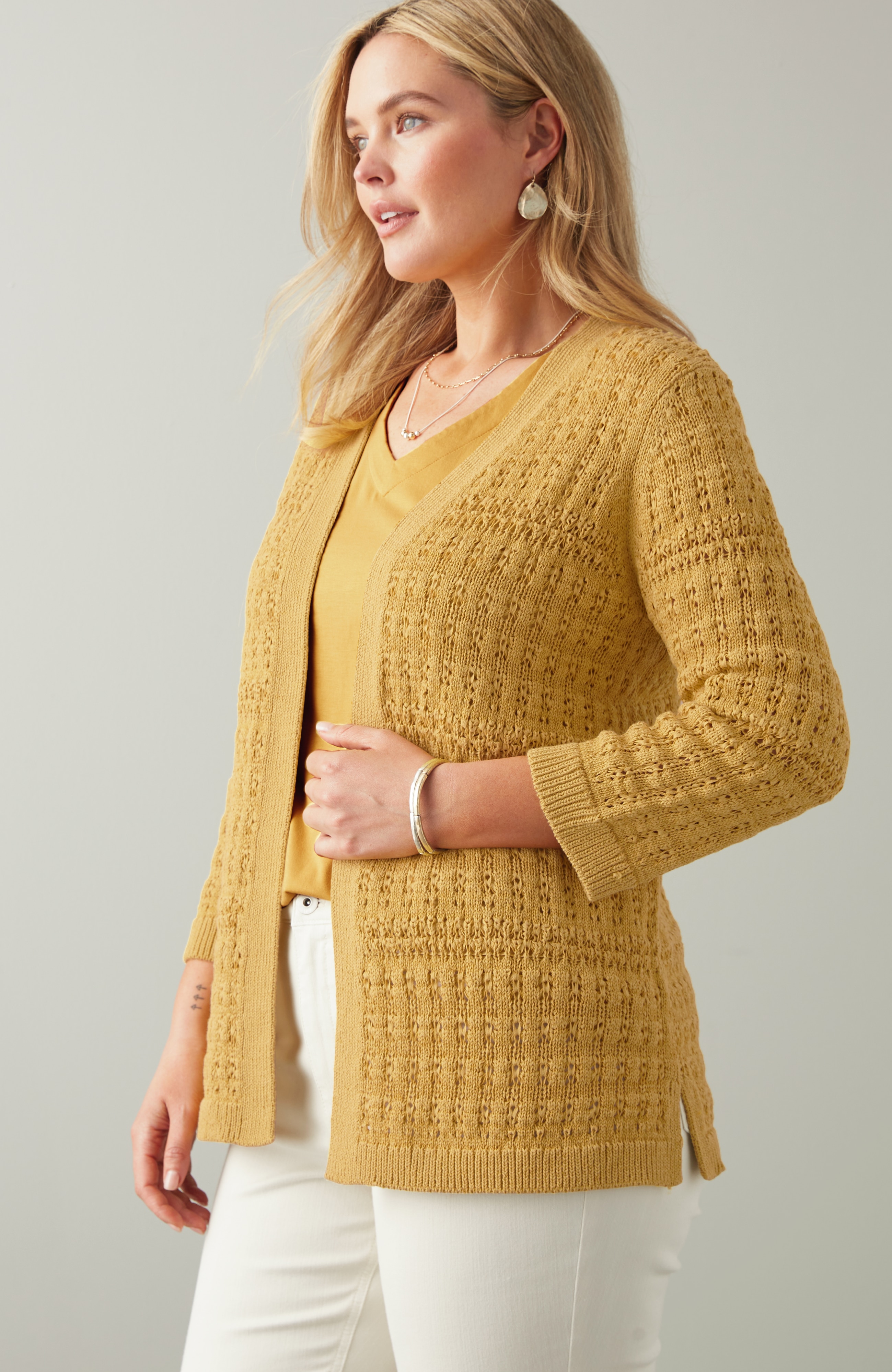 Textured-Stitch Open-Front Cardi