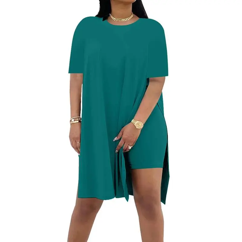 Women Plus Size 2 - Piece Outfits: Crewneck Short Sleeve Tunic & Skinny Biker Shorts Sets