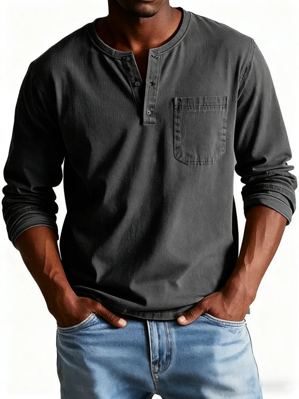 💫Clearance Sale🔥 - Men's Fashion Vintage Distressed Pocket Long Sleeve Henley Shirt