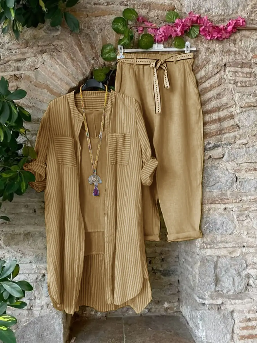 Casual Top And Pants With Stripe Cardigan Three-piece Set