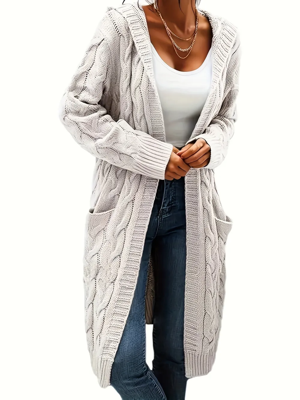 Cozy Long Sleeve Mid-Length Solid Color Cable Knit Hooded Cardigan - Soft Micro Elasticity Polyester, Casual Pocket Sweater for Women