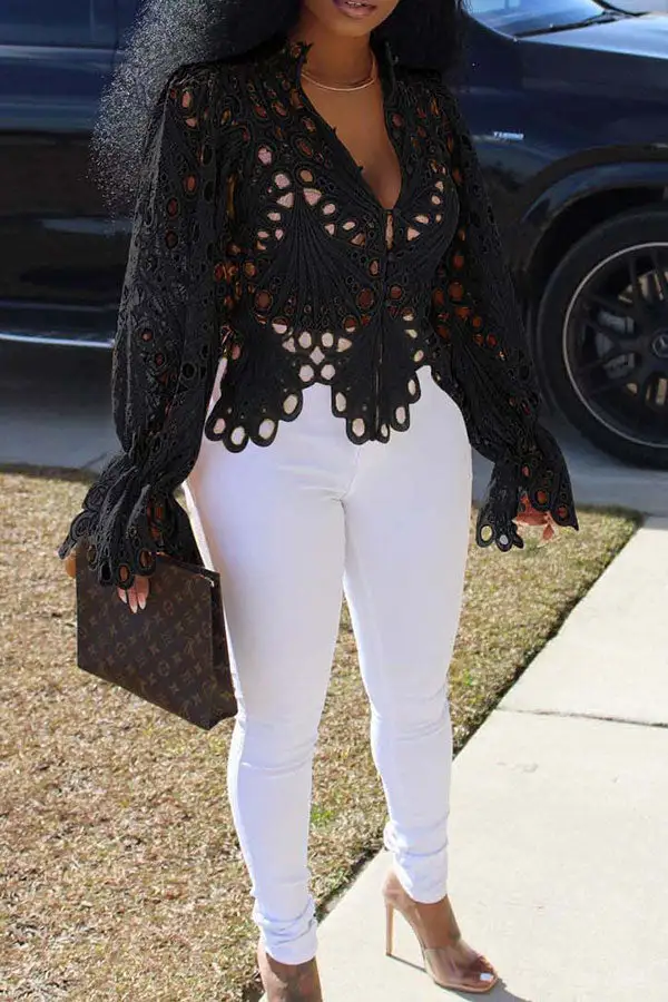 Lace Deep V Sweet Cutout Blouse