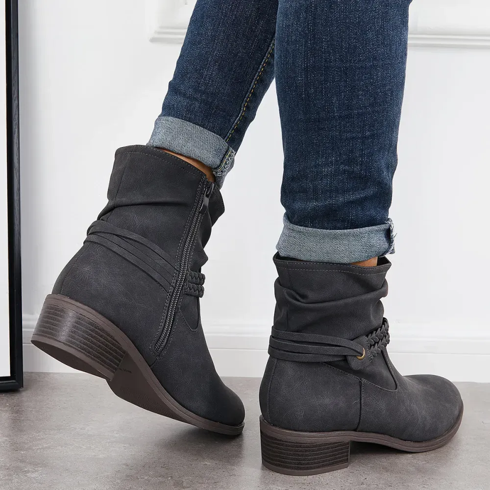 Slouchy Ankle Boots Braided Strap Chunky Block Heel Booties