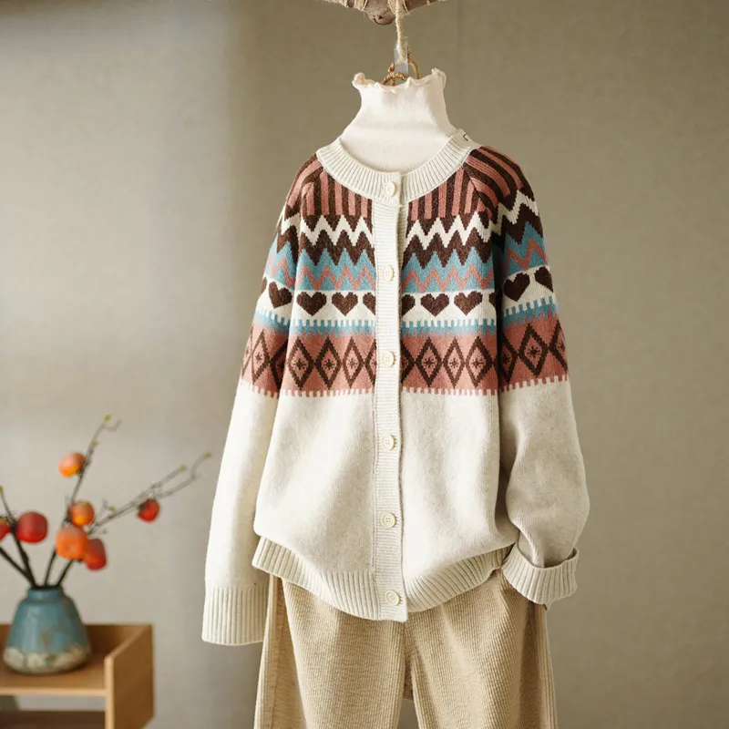 Vintage Geometric Jacquard Round Neck Button Sweater Cardigan