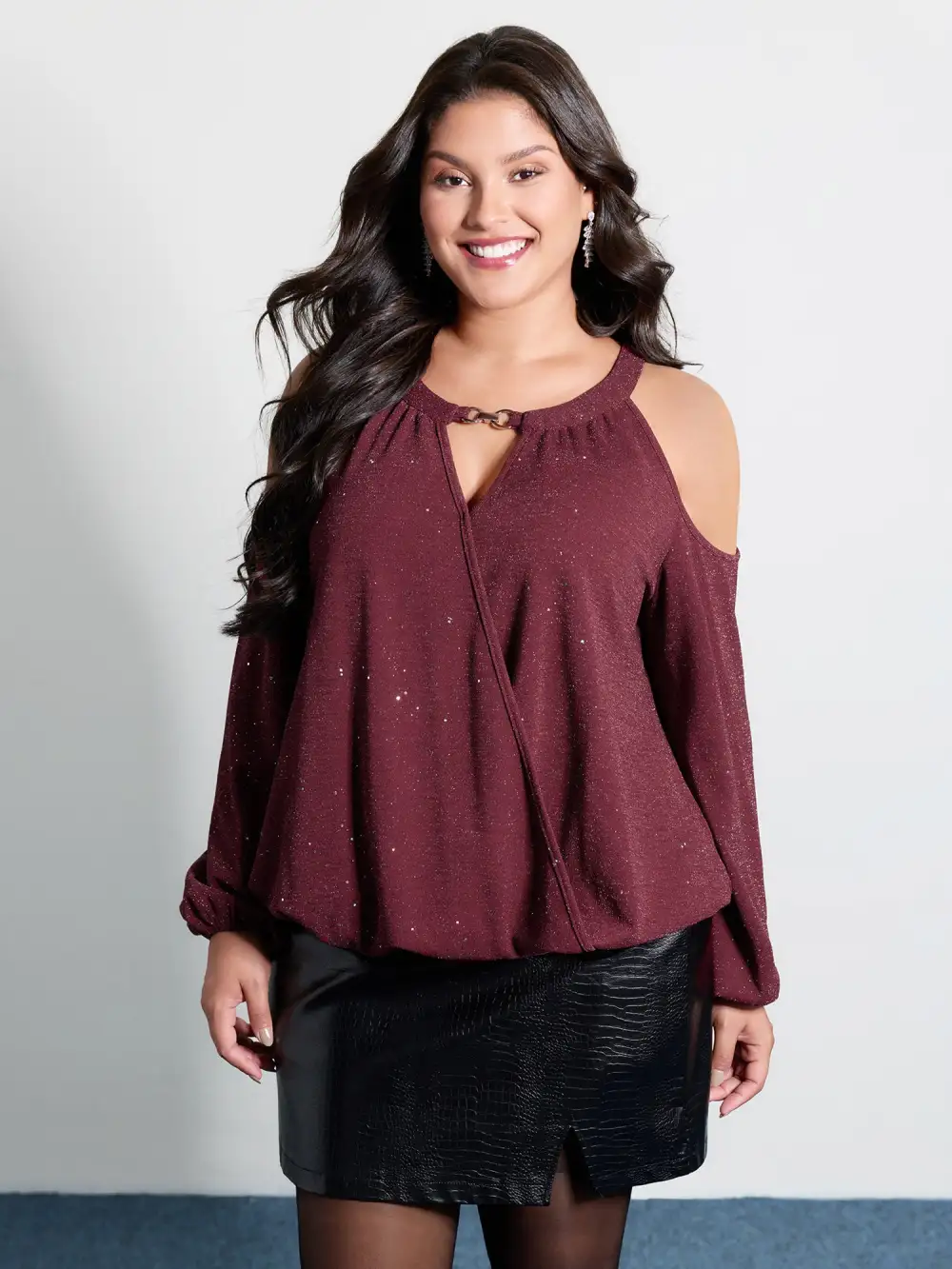 Shimmery Silk Wrap Cut-Out Shoulder Blouse