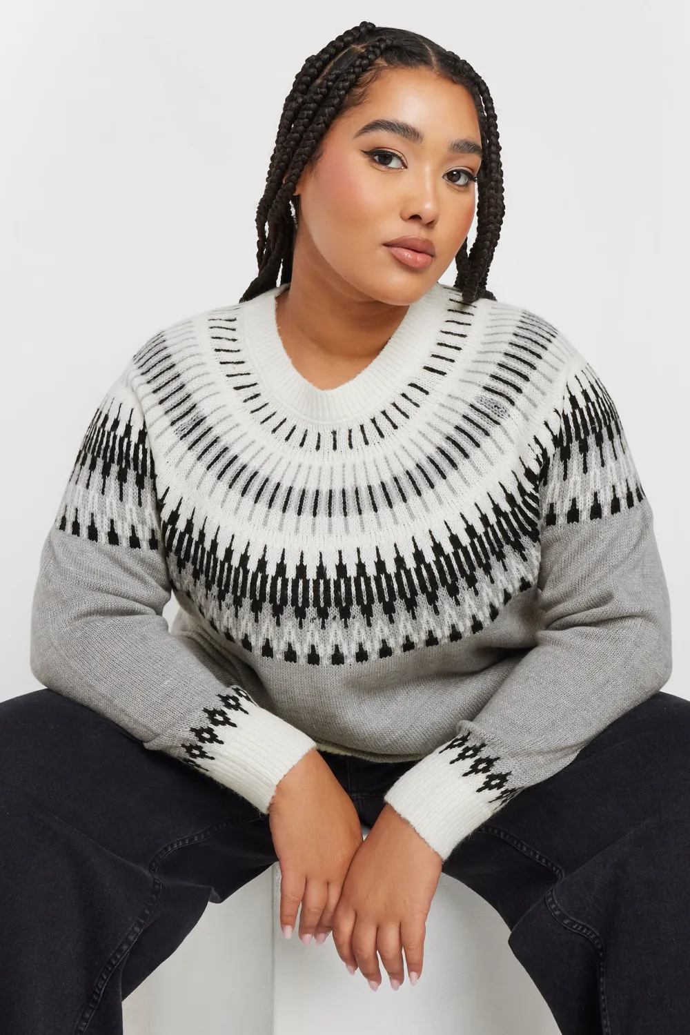 复制YOURS Curve Grey Fairisle Knitted Jumper