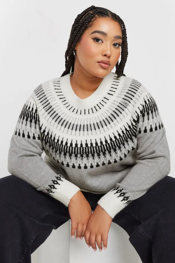 复制YOURS Curve Grey Fairisle Knitted Jumper