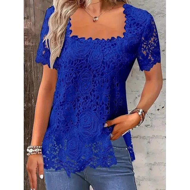 Women's Lace Blouse Floral Pattern White Square Neckline Short Sleeve Casual Elegant Spring Summer
