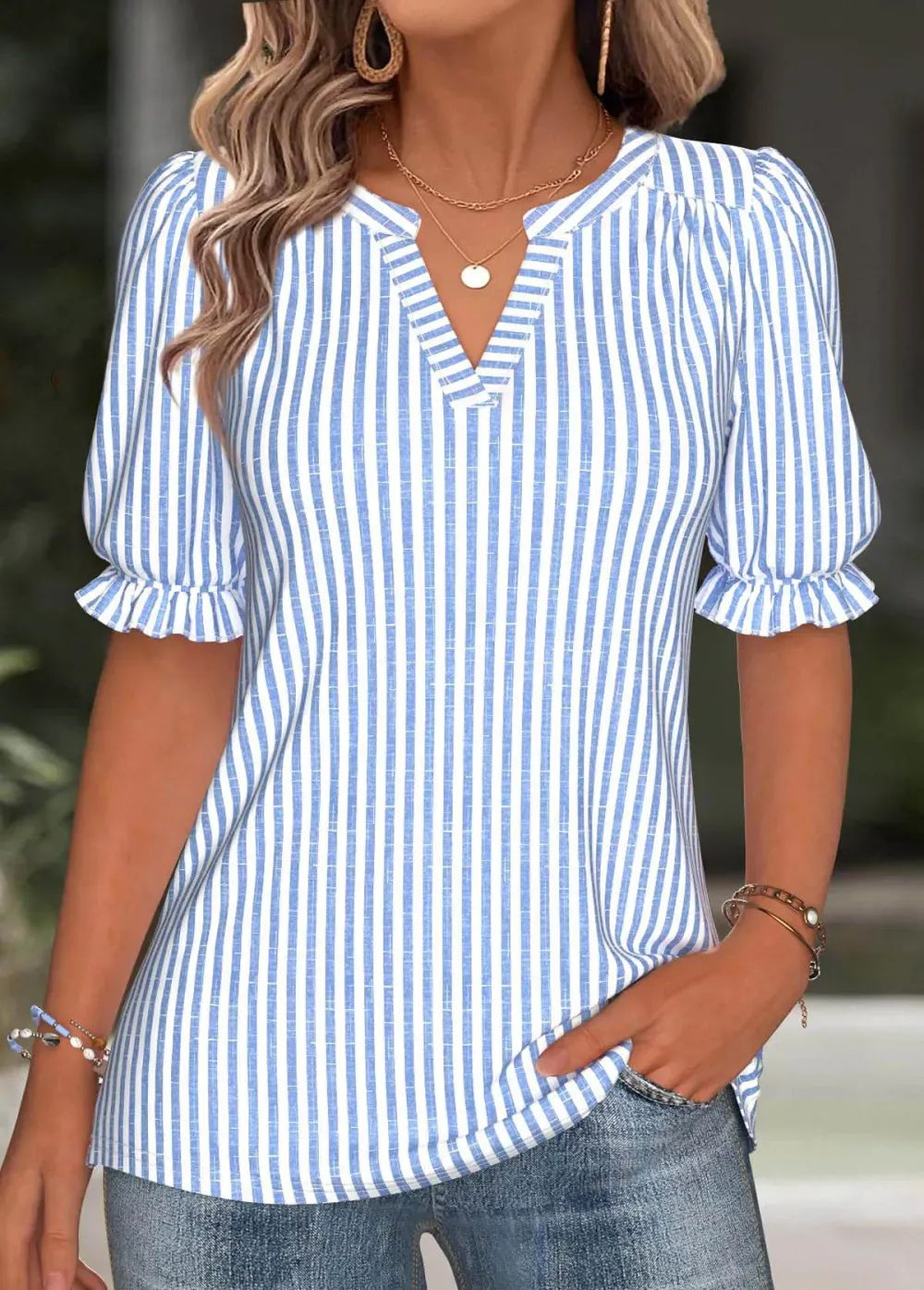 Blue Split Striped Short Sleeve Blouse