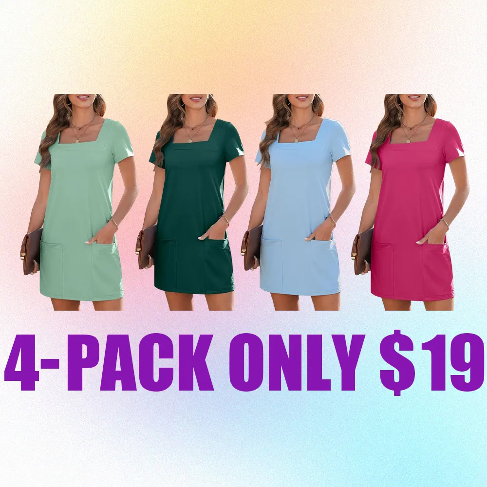 Women's Solid Color Square Neck Mini Dress with Pockets – Casual Short Sleeve Summer Outfit, Minimalist & Comfortable 2025 Daily Wear