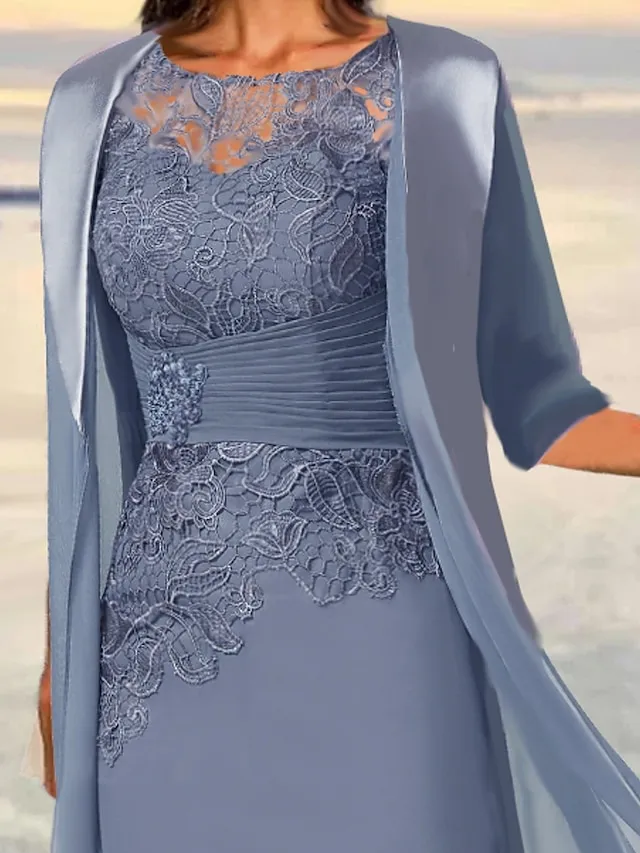 Women's Lace Dress Dress Set Two Piece Dress Midi Dress Dusty Blue Green 3/4 Length Sleeve Pure Color Lace up Summer Spring Fall Crew Neck Elegant Party Wedding Guest 2023 S M L XL 2XL 3XL