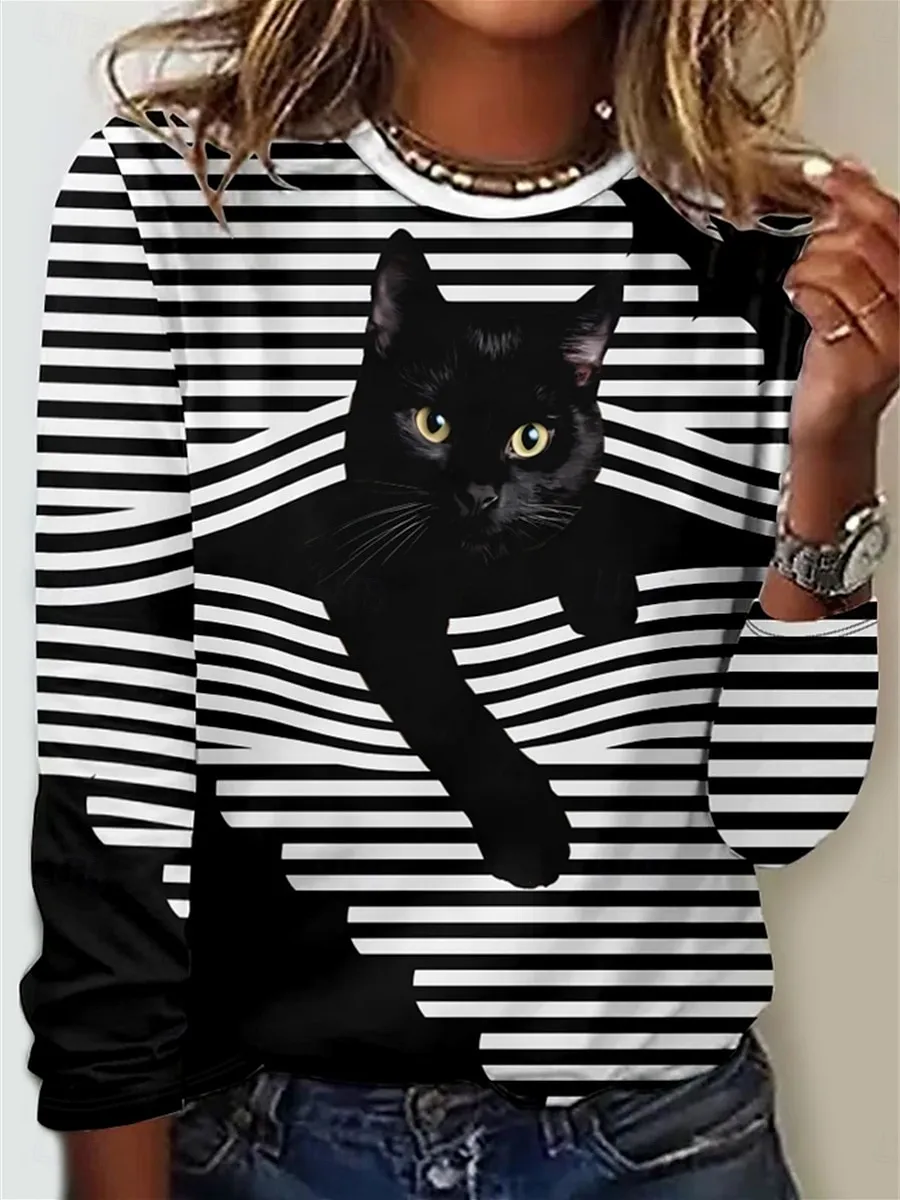 Women's T shirt Crew Neck Long Sleeve Tunic Cat Striped Casual Regular Tops Daily Print Black Green Spring Fall MAO
