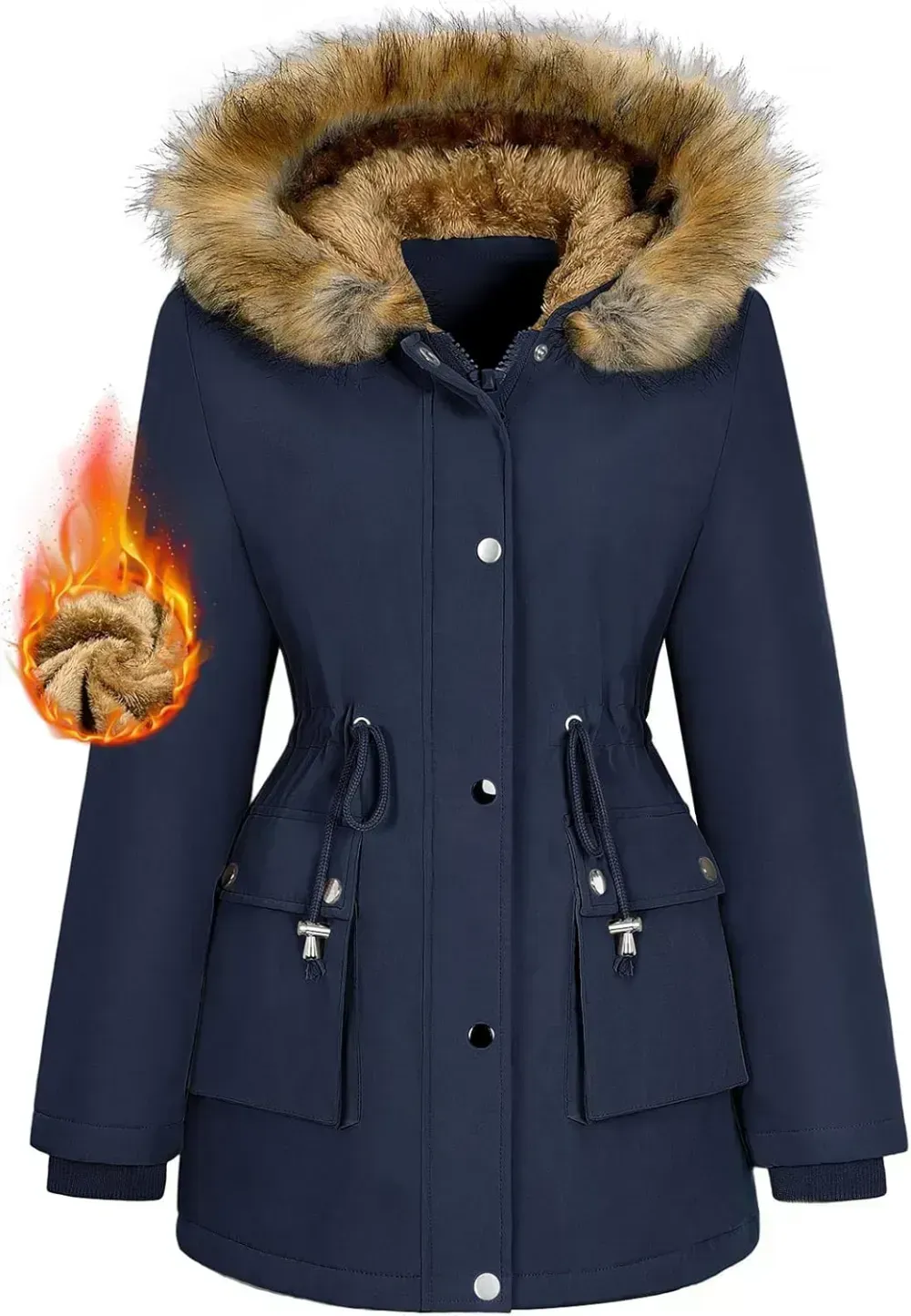 Women Winter Coats Fleece Lined Parka Jackets Hooded Warm Thicken Coat With Pockets and Fur Hood Trendy Overcoat