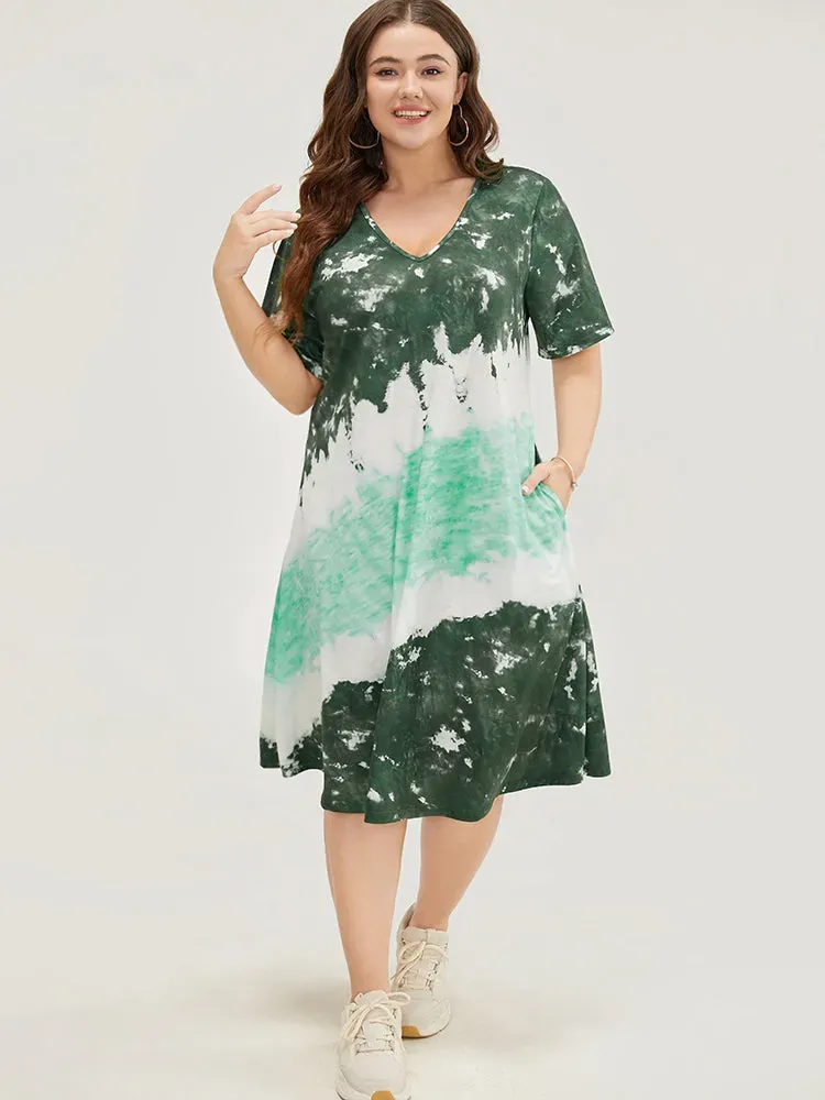 Tie Dye V Neck Pocket Midi Dress