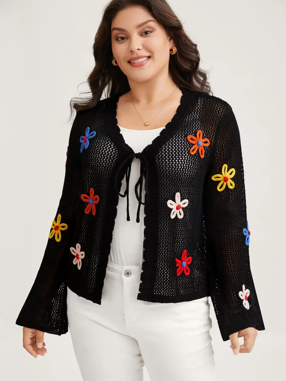 Knit Floral Front Tie Cardigan