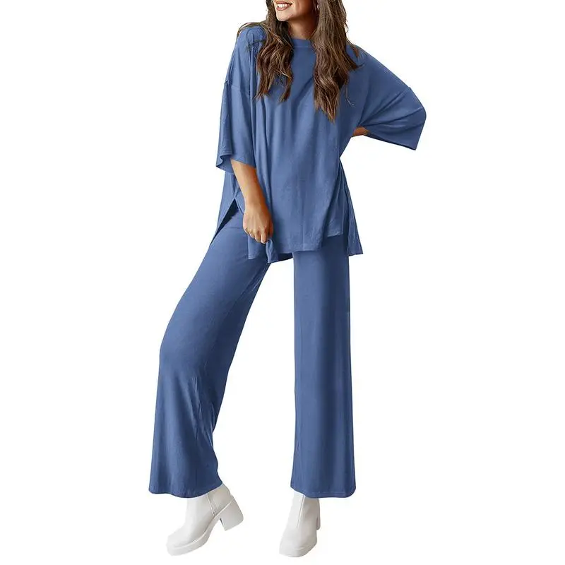 Women's 2-Piece Lounge Set – Short Sleeve Top & Split Hem Wide Leg Pants