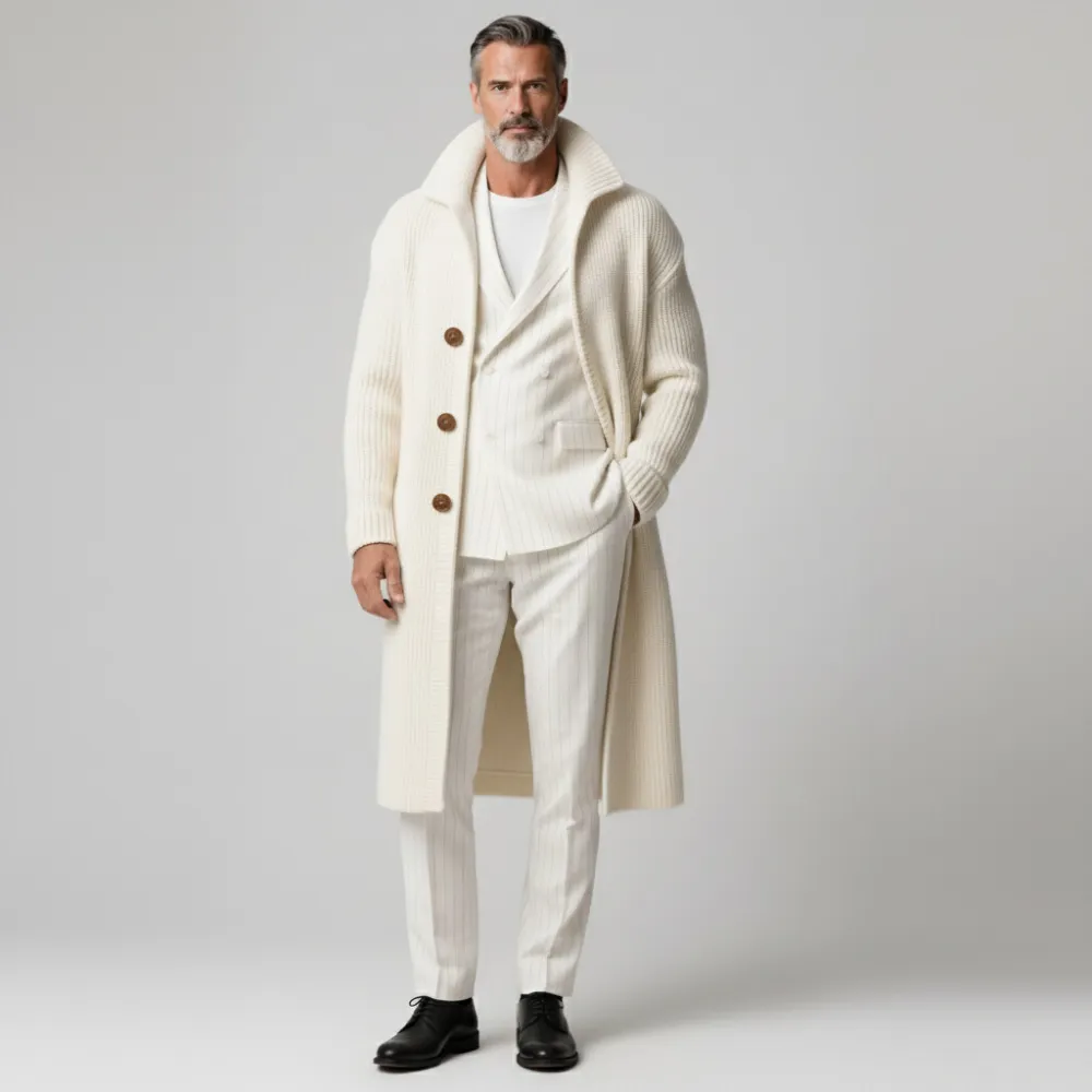 Men's Off White Ribbed Knit Turndown Collar Long Sleeve Button Mid-Length Sweater Overcoat