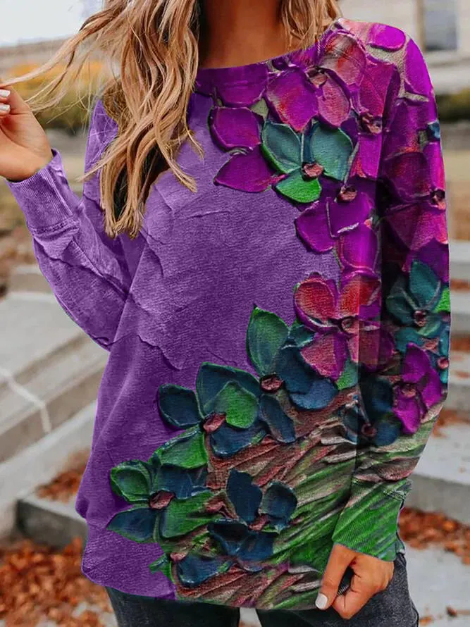 Crew Neck Floral Casual Sweatshirt