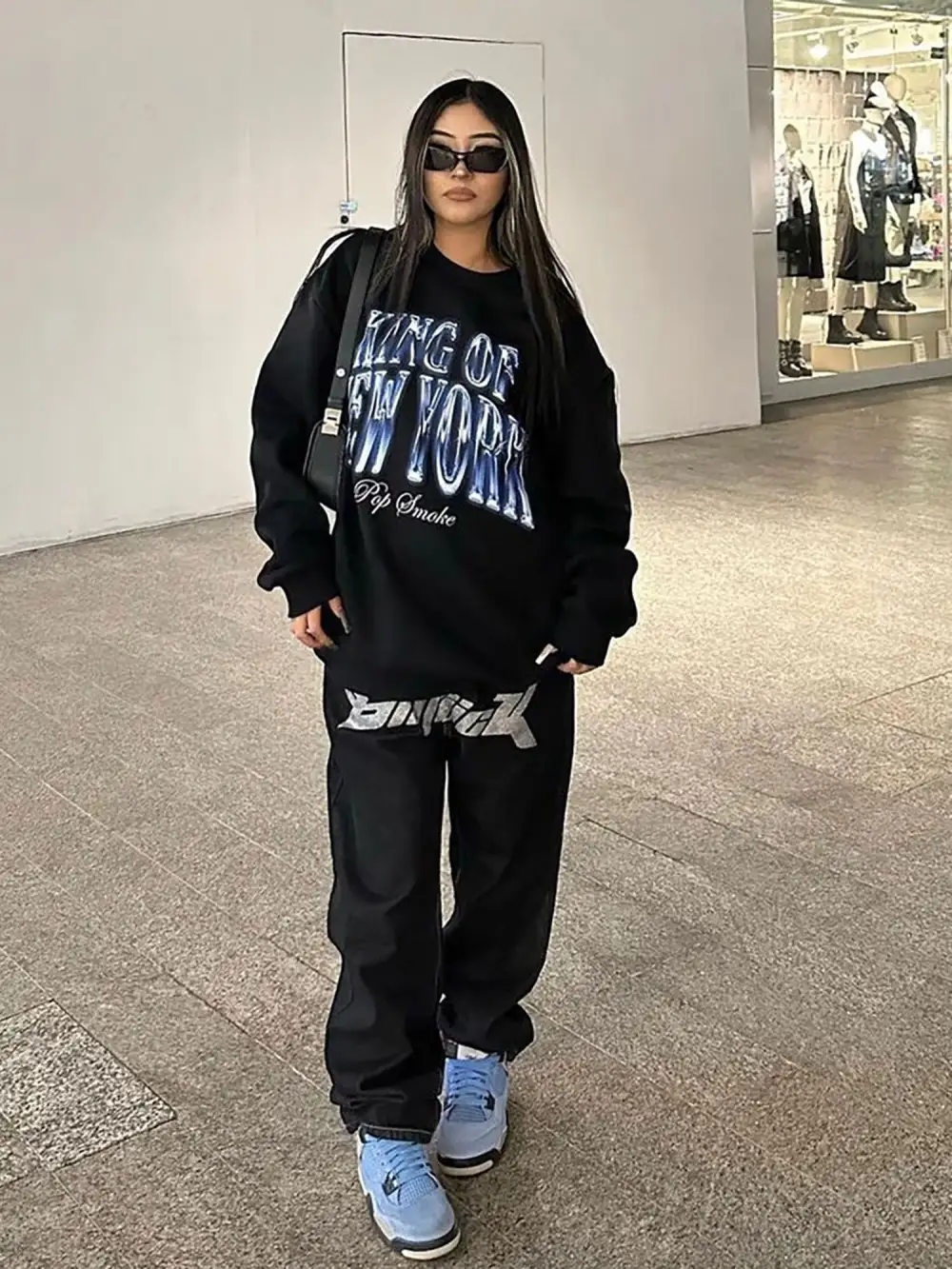 Letter Print Dollar Black Baggy Jeans -1024