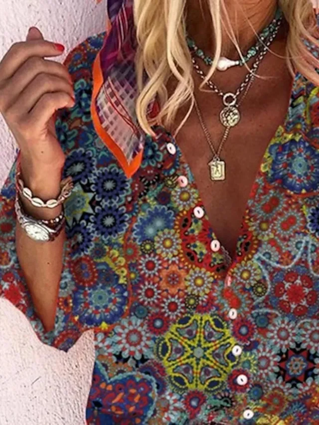 Women's Shirt Blouse White Navy Blue Rainbow Graphic Floral Print Long Sleeve Casual Daily Vintage Tropical Shirt Collar Regular Floral S
