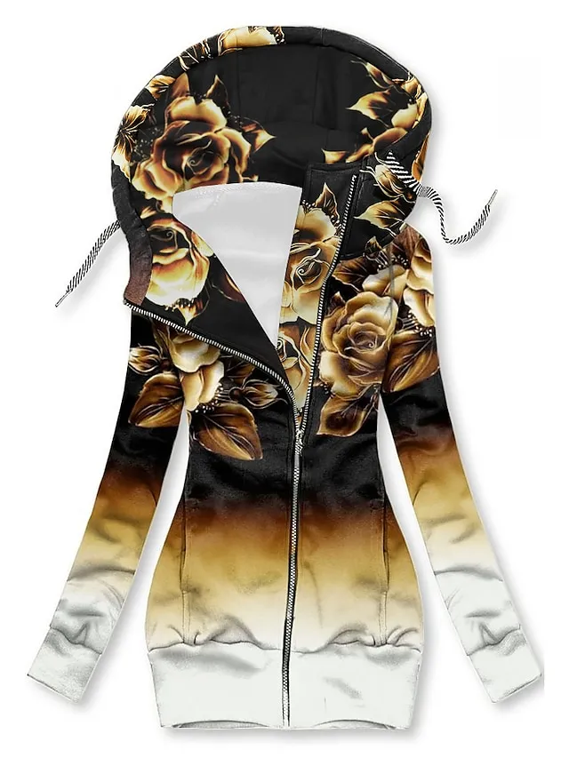 Women's Zip Hoodie Sweatshirt Sports Basic Drawstring Zip Up Front Pocket Black White Blue Floral Cat Street Casual Hoodie Long Sleeve Top Micro-elastic Fall & Winter