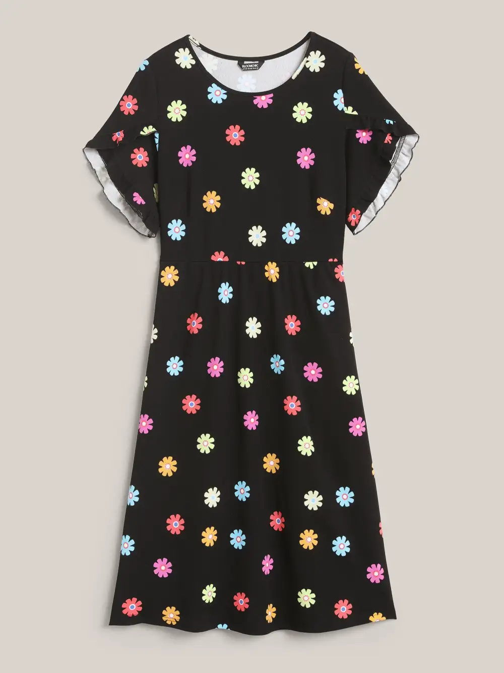Stretchy-Waist Floral Print Pockets Midi Dress