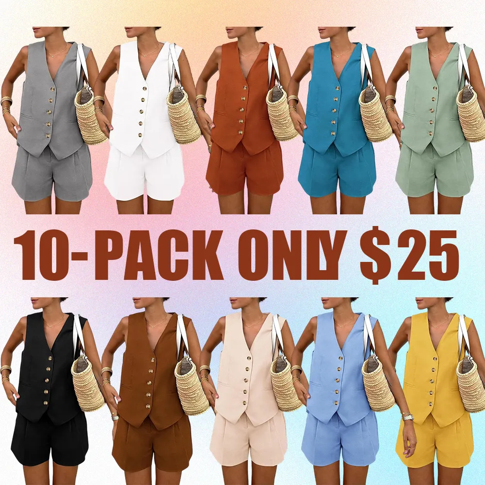 Women's 2-Piece Summer Outfit – Sleeveless V-Neck Button Down Top & Shorts Set with Pockets, Minimalist Casual Loungewear