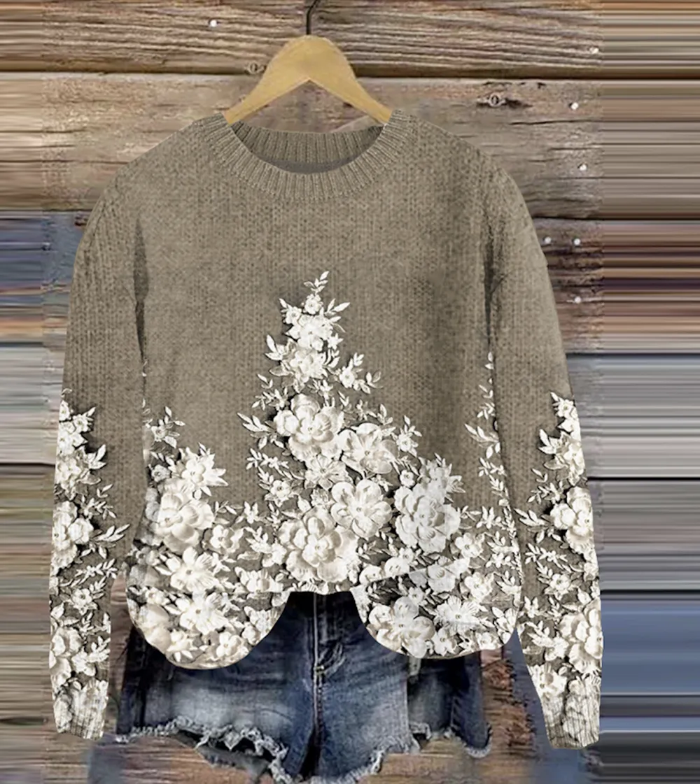 Vintage floral embroidery art knitted round neck sweater
