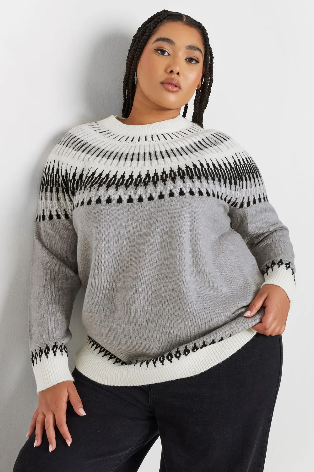 复制YOURS Curve Grey Fairisle Knitted Jumper