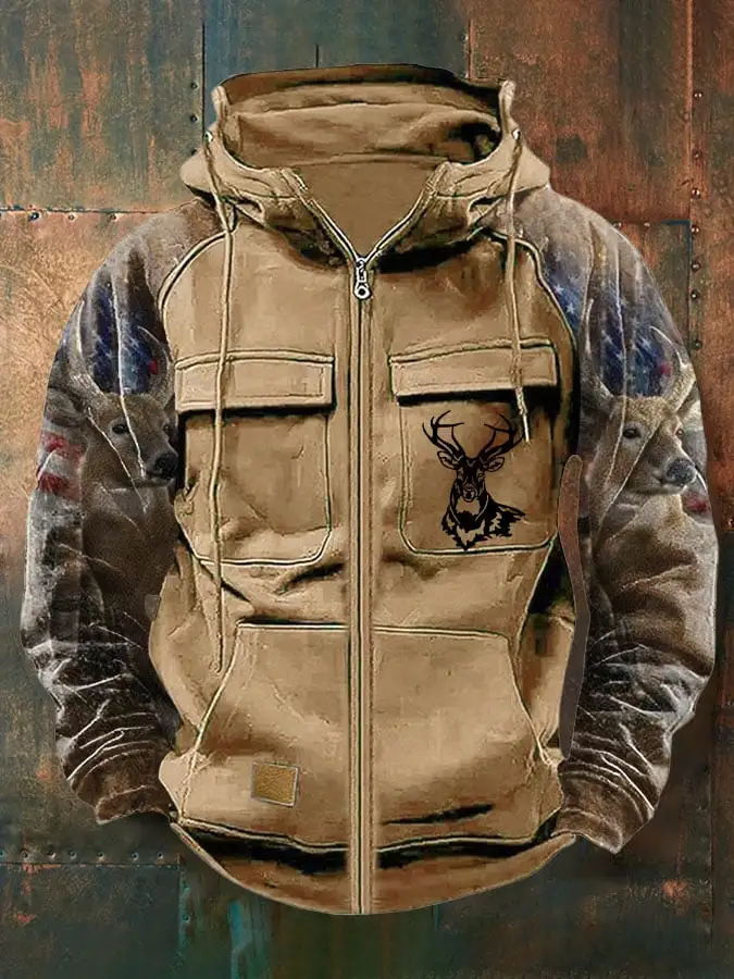 Men's Vintage Western Deer Print Multi-Pocket Jacket