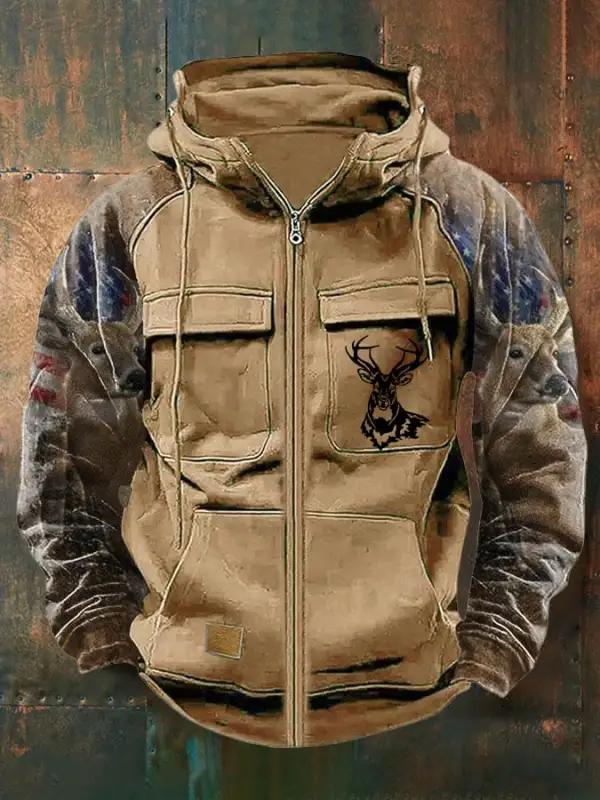 Men's Vintage Western Deer Print Multi-Pocket Jacket