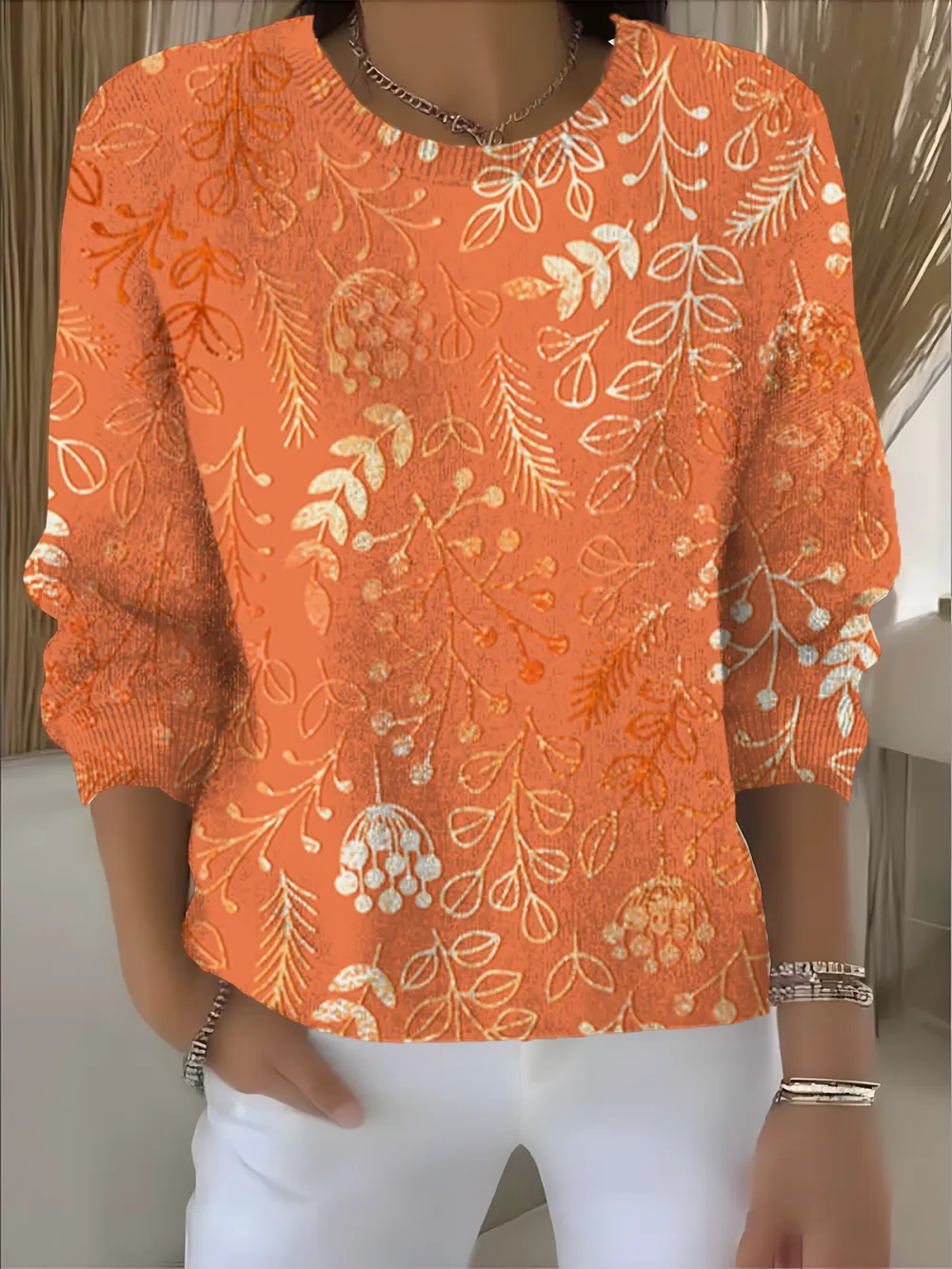 Women's Fall Festive Floral Pattern Pullover Top
