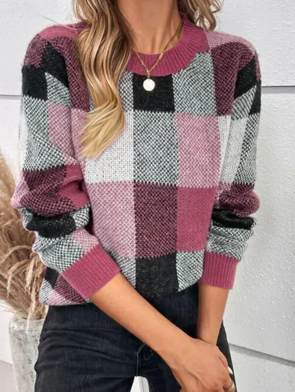 Casual Cotton Plaid Pattern Drop Shoulder Sweater