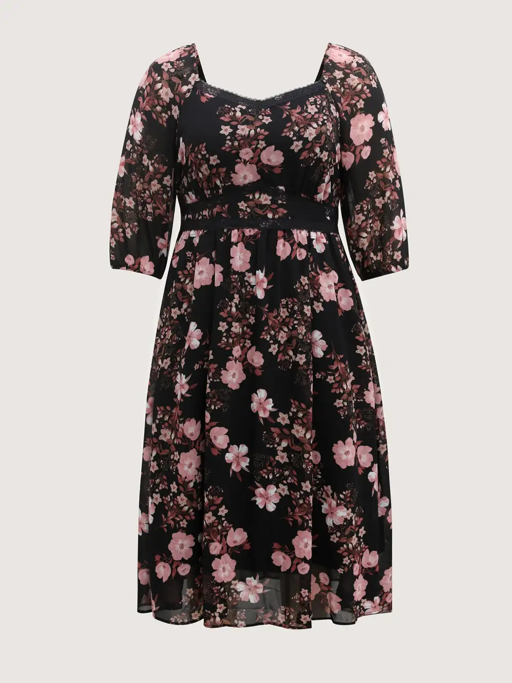 Chiffon Floral Print Lace Trim Midi Dress
