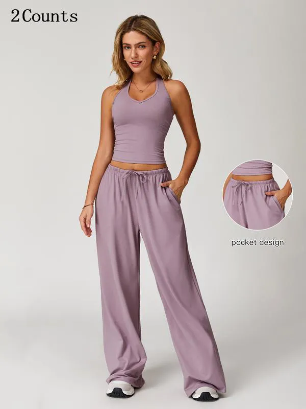 Women's Solid Crop Tank Top & Wide Leg Pants Set, Casual V Neck Sleeveless Top & Trousers