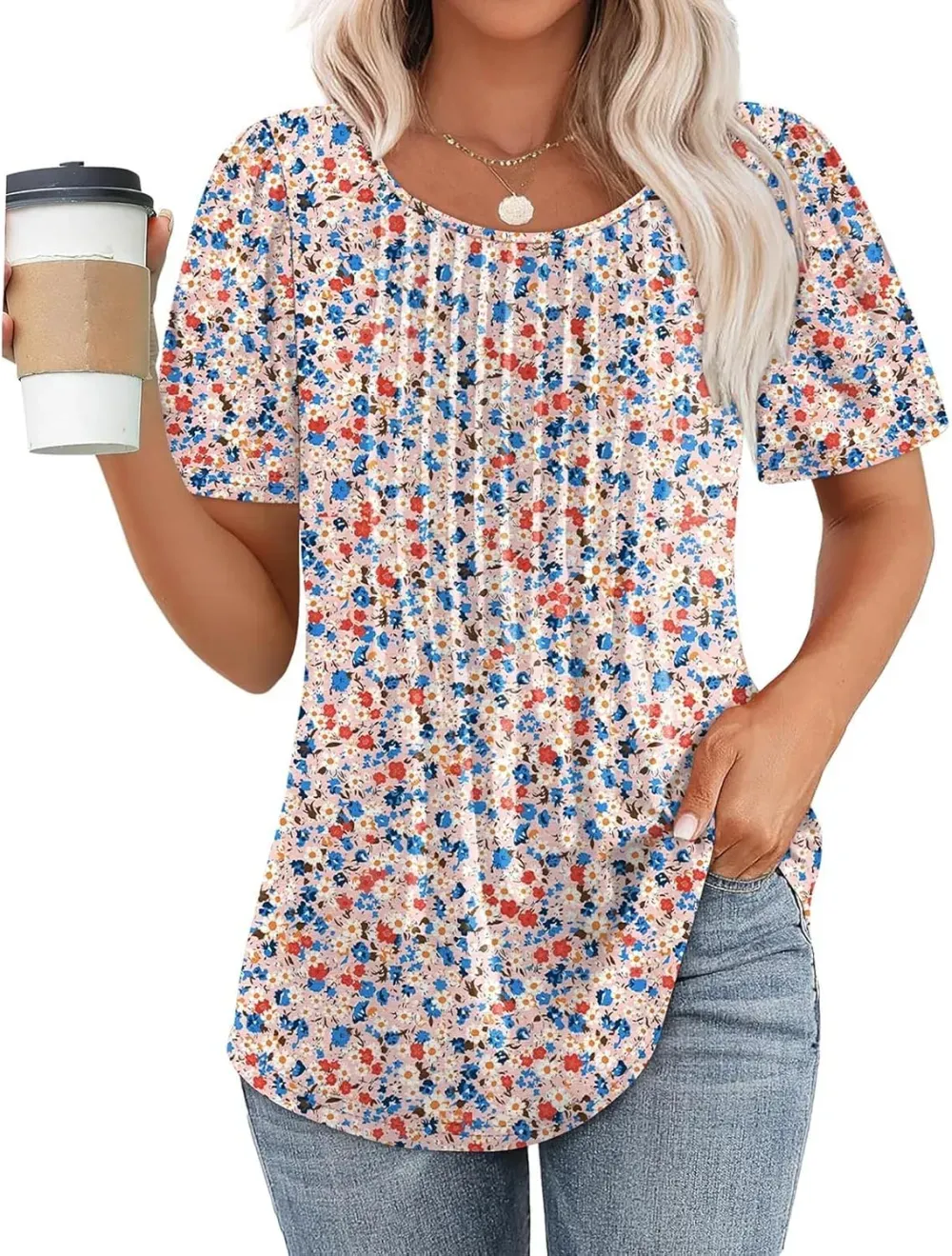 📣Women Summer Pleated Short Sleeve Tunic Blouses Tops