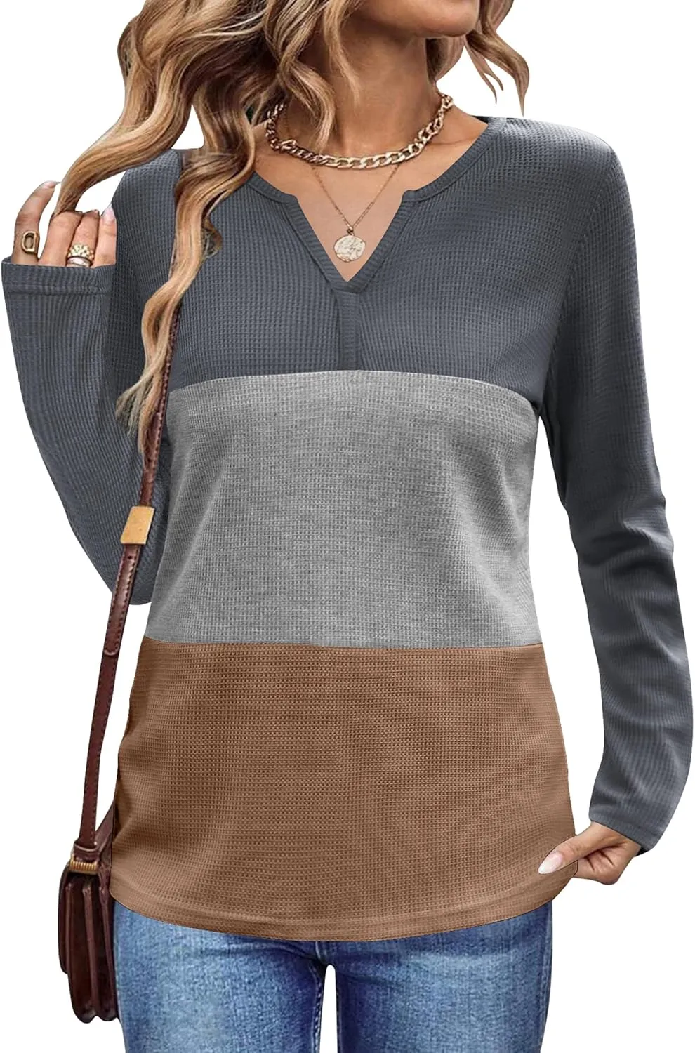 Women's Waffle Shirts V Neck Long Sleeve Tops Color Block T-Shirts Casual Tunics 2024 Fashion Basic Tees