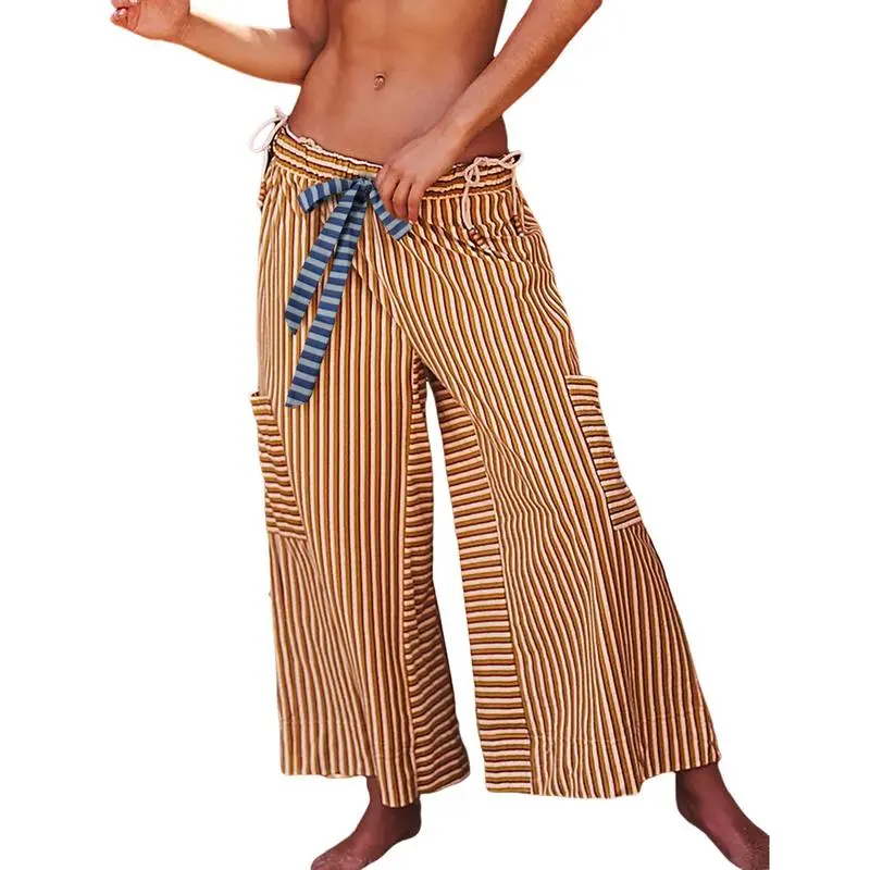 Women’s Striped Wide-Leg Pants-Drawstring, Loose Fit, Pockets