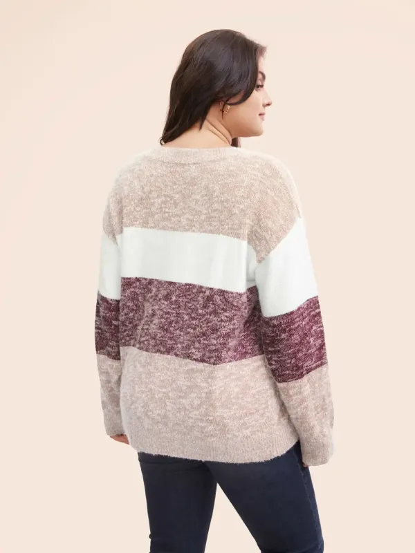 Colorblock Contrast Super Soft Plush Knit V Neck Pullover