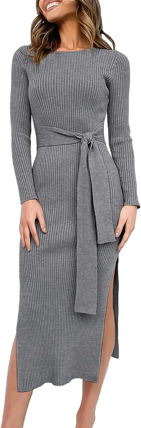 Long Sleeve Sweater Dress Crew Neck Slim Fit Slit Tie Waist 2024 Ribbed Knit Bodycon Midi Dress Fall Outfits